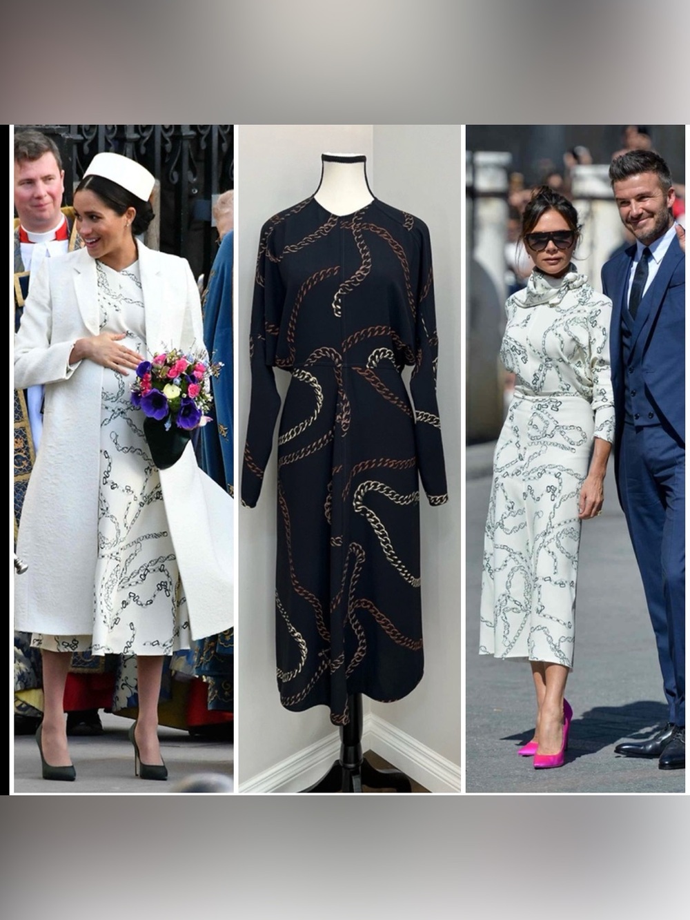 Victoria Beckham Black Chain-Print Long Sleeve Midi Dress